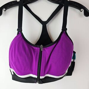 Victoria's Secret VSX Knockout Sports Bra 34D Front Zip Racerback Purple‎ Black
